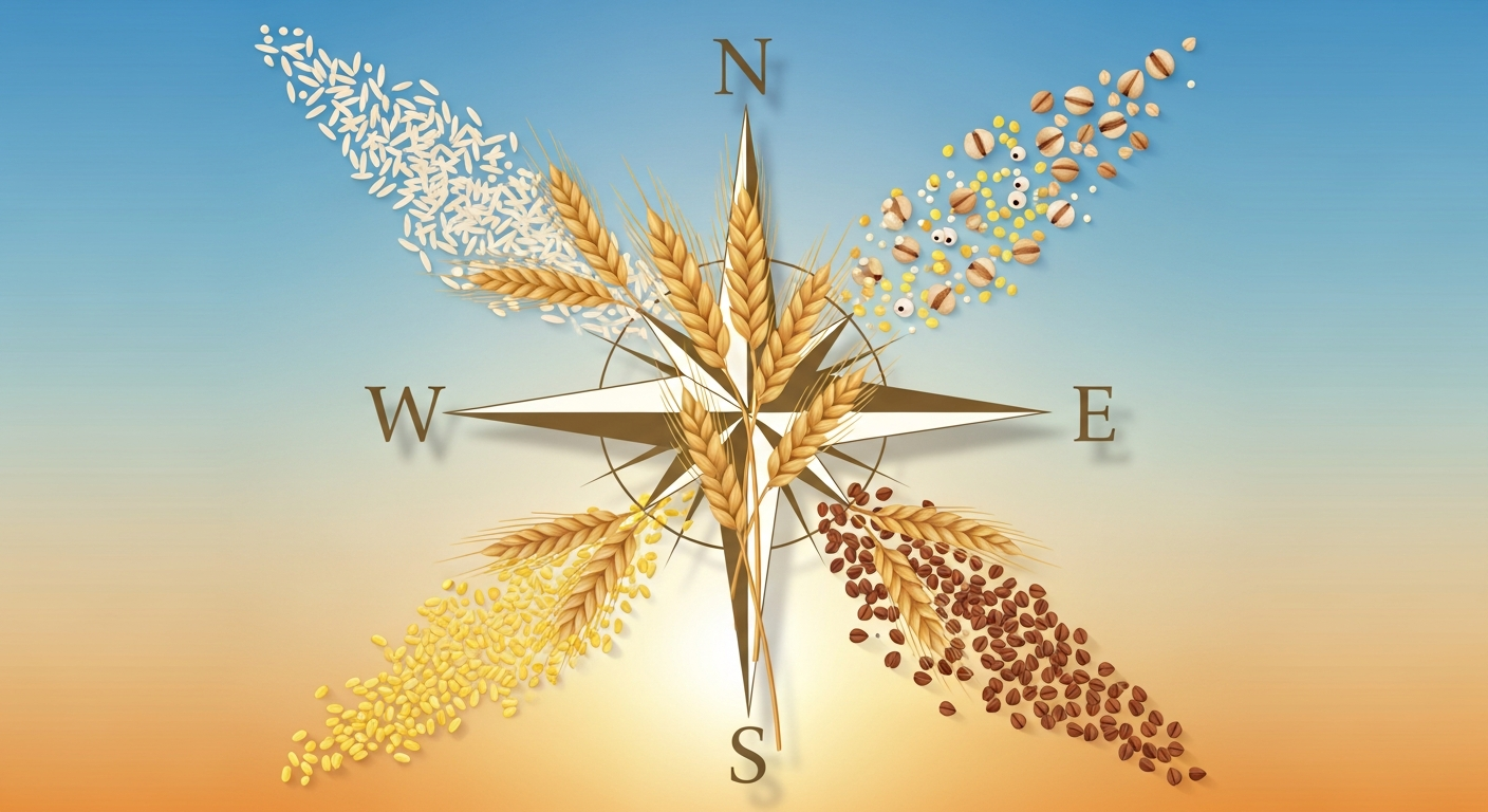 Compass rose with wheat transforming to gluten-free grains